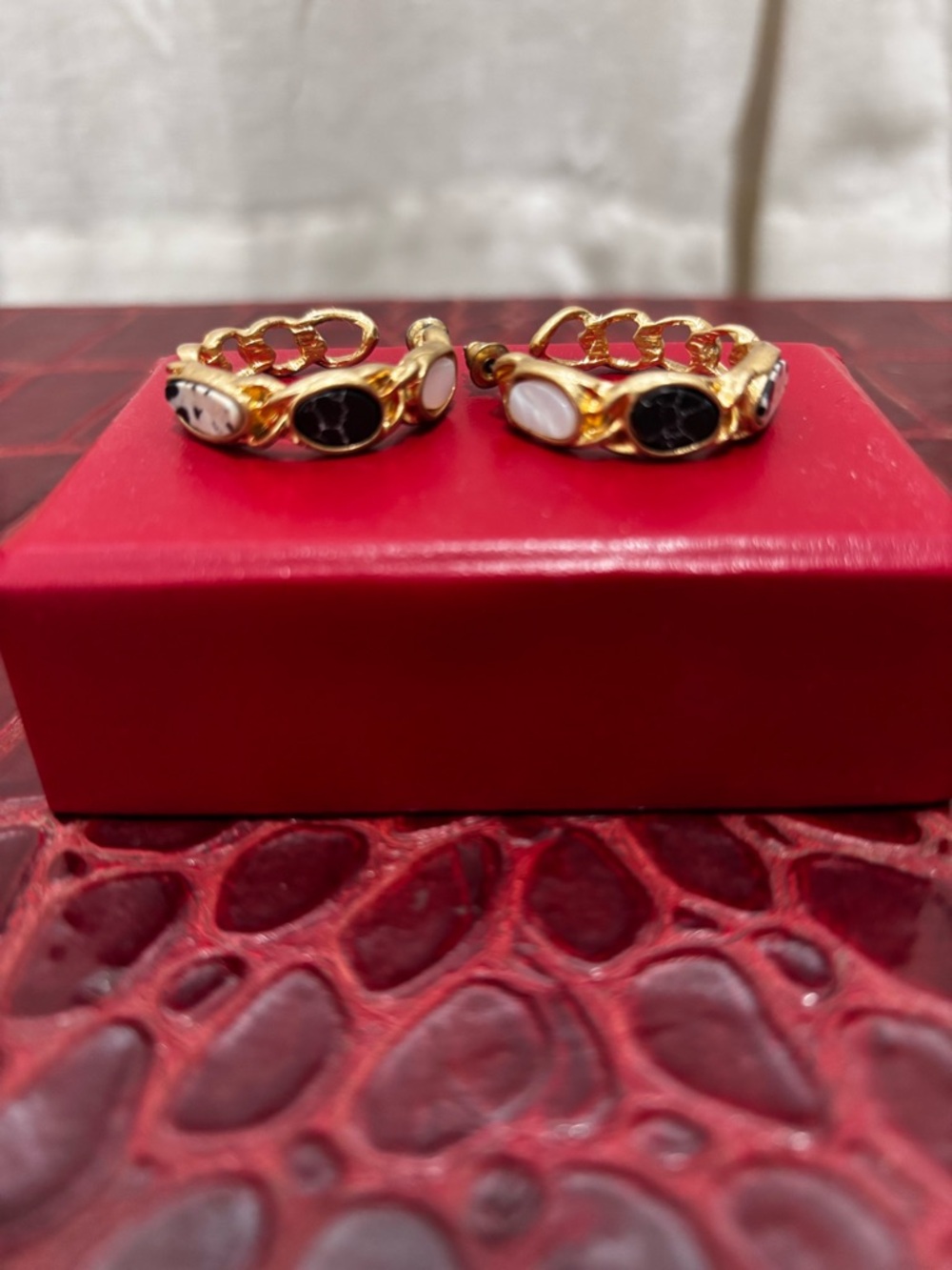 Gold Tone Hoop Earrings with Black and White Stones